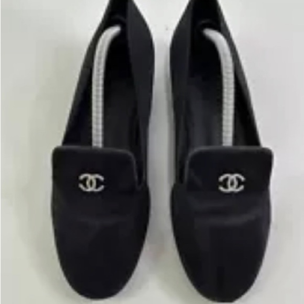 CHANEL Black Flats with Silver Logo
